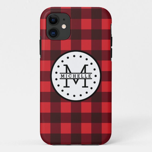 Red black Buffalo Plaid Lumberjack Name Monogram Case-Mate iPhone Case (Back)