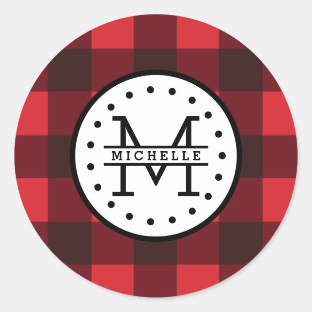 Red black Buffalo Plaid Lumberjack Name Monogram Classic Round Sticker (Front)