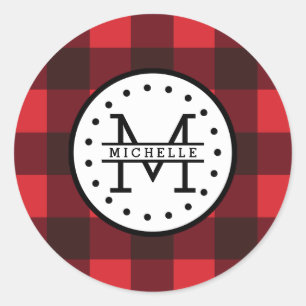 Red black Buffalo Plaid Lumberjack Name Monogram Classic Round Sticker