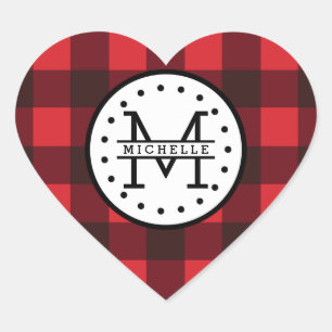 Red black Buffalo Plaid Lumberjack Name Monogram Heart Sticker
