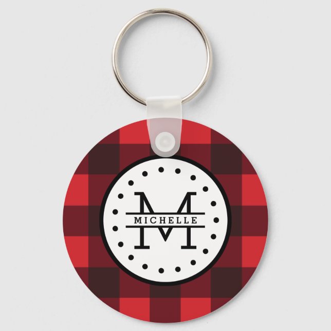 Red black Buffalo Plaid Lumberjack Name Monogram Keychain (Front)