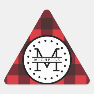 Red black Buffalo Plaid Lumberjack Name Monogram Triangle Sticker