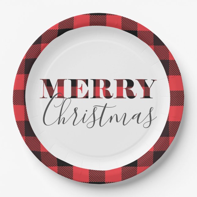 Red Black Buffalo Plaid Merry Christmas Paper Plate (Front)