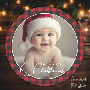 Red & Black Buffalo Plaid Merry Christmas Photo Classic Round Sticker