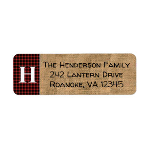 Red, Black Buffalo Plaid Monogram Address Label