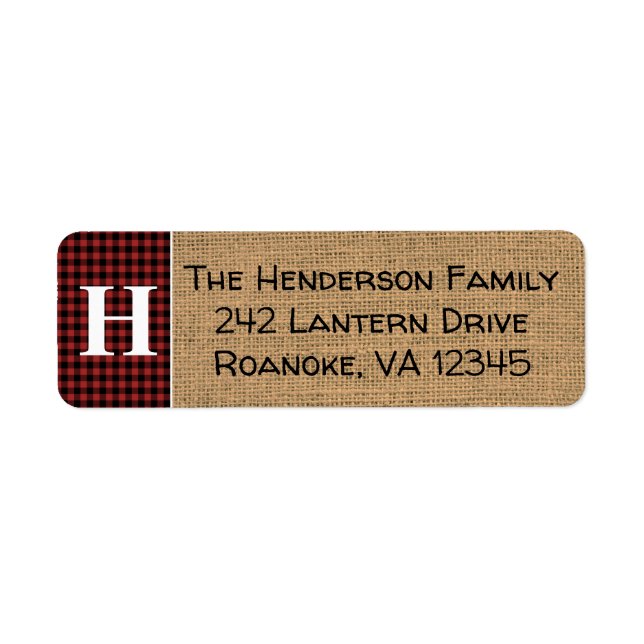 Red, Black Buffalo Plaid Monogram Address Label (Front)