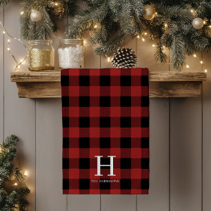 Red Black Buffalo Plaid Monogram Holiday Kitchen Towel