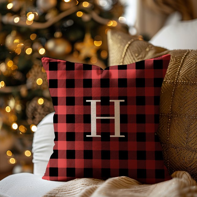 Red Black Buffalo Plaid Monogram Holiday Throw Pillow (Creator Uploaded)