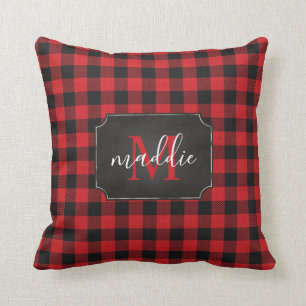 Red & Black Buffalo Plaid Monogram Name Throw Pillow