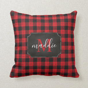 Red & Black Buffalo Plaid Monogram Name Throw Throw Pillow