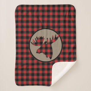 Red Black Buffalo Plaid Moose Head Sherpa Blanket