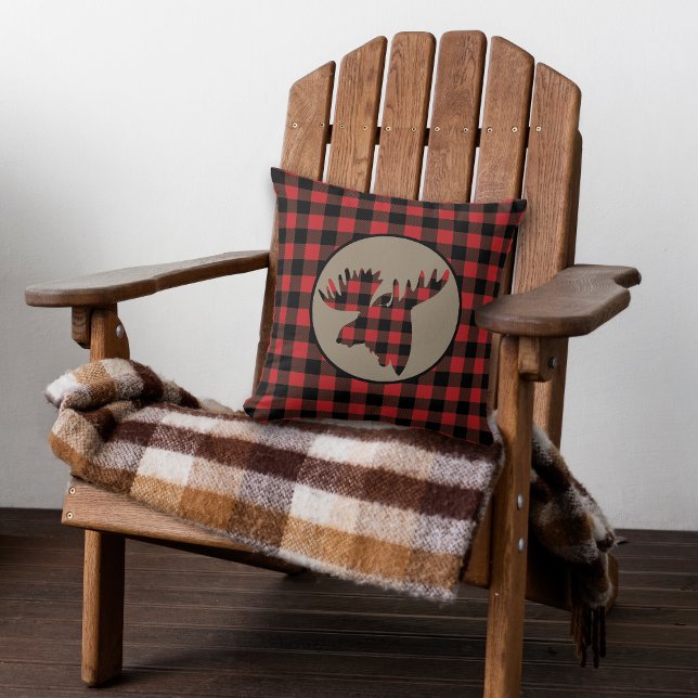 Red Black Buffalo Plaid Moose Head Throw Pillow (Creator Uploaded)