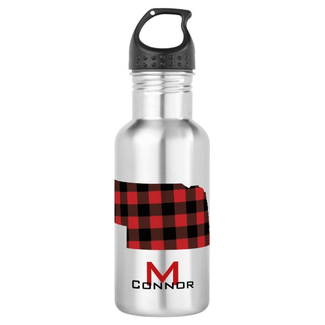Red Black Buffalo Plaid Nebraska Monogram 532 Ml Water Bottle (Front)
