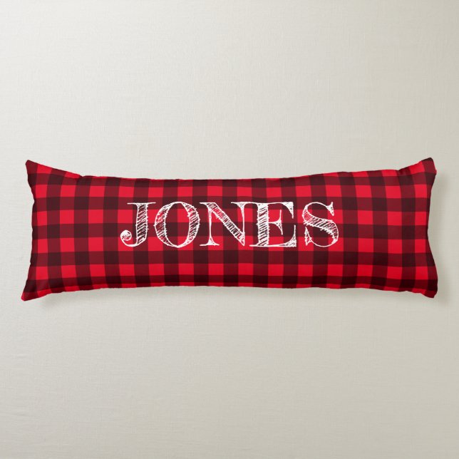 Red & black buffalo plaid pattern personalized body pillow (Front)