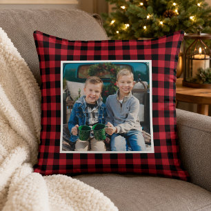 Red Black Buffalo Plaid Photo Christmas Throw Pillow