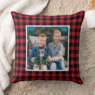 Red Black Buffalo Plaid Photo Christmas Throw Pillow