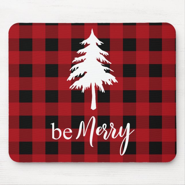 Red Black Buffalo Plaid Pine Tree Holiday Mouse Pad (Front)