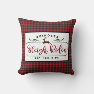 Red Black Buffalo Plaid - Reindeer Sleigh Rides Throw Pillow