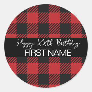 Red & Black Buffalo Plaid Rustic Birthday Party Classic Round Sticker