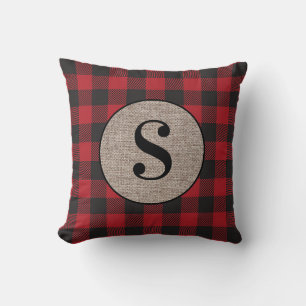 Red Black Buffalo Plaid Rustic Burlap Monogram Throw Pillow