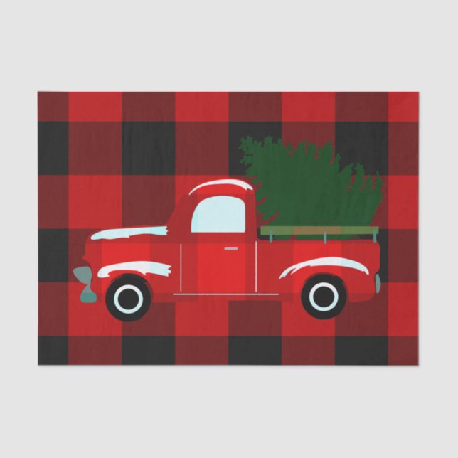 Red & Black Buffalo Plaid Rustic Holiday Truck Tissue Paper (Front)
