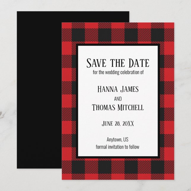 Red Black Buffalo Plaid Rustic Wedding Save The Date (Front/Back)