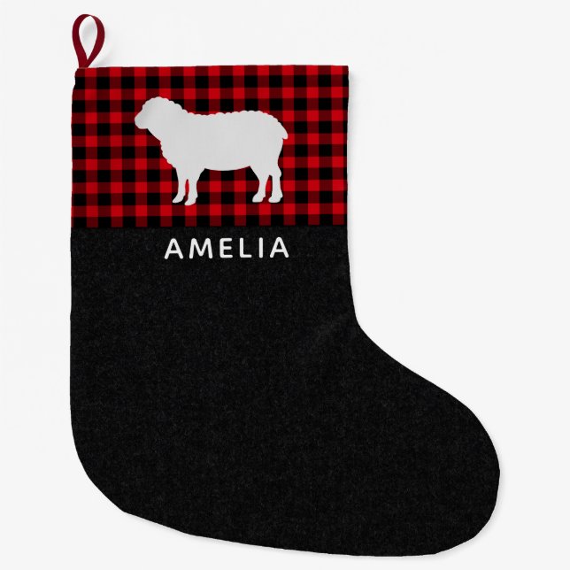 Red & Black Buffalo Plaid Sheep Personalized Large Christmas Stocking (Front)