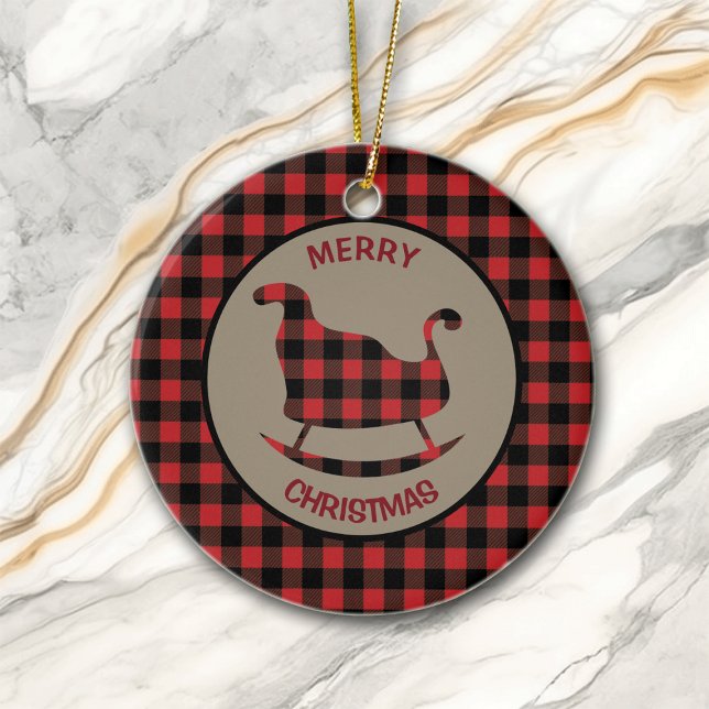 Red Black Buffalo Plaid Sleigh and Tree Ceramic Ornament (Creator Uploaded)
