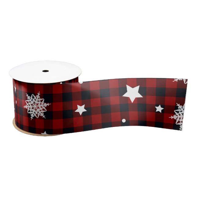 Red Black Buffalo Plaid Snowflake Winter Christmas Satin Ribbon (Spool)