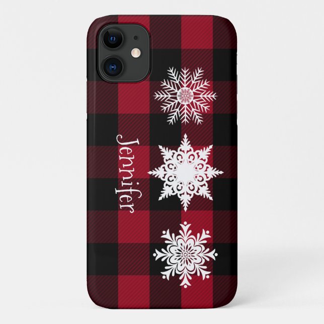 Red, Black Buffalo Plaid, Snowflakes Cell Case (Back)