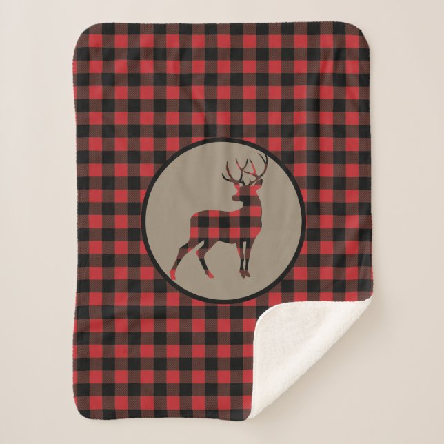 Red Black Buffalo Plaid Standing Buck Deer Sherpa Blanket (Front)