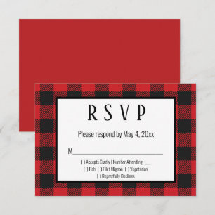 Red Black Buffalo Plaid Wedding RSVP Card