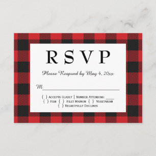Red Black Buffalo Plaid Wedding RSVP Card