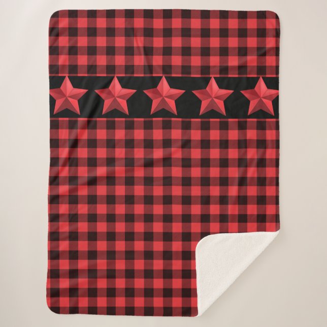 Red & Black Buffalo Plaid with Red Stars Sherpa Blanket (Front)