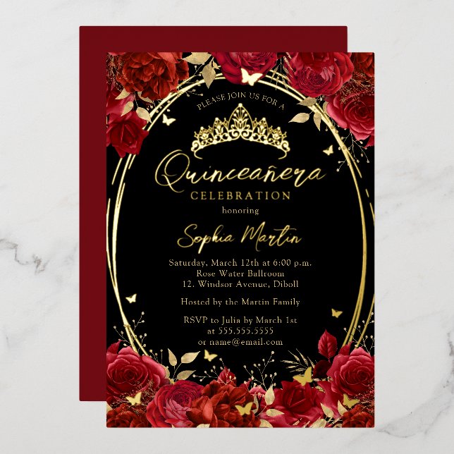 Red Black Captivating Floral Butterfly Quinceanera (Front/Back)