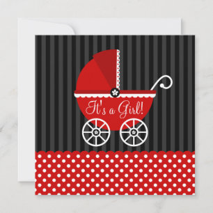 Red Black Carriage Dots Girl Baby Shower Invitation