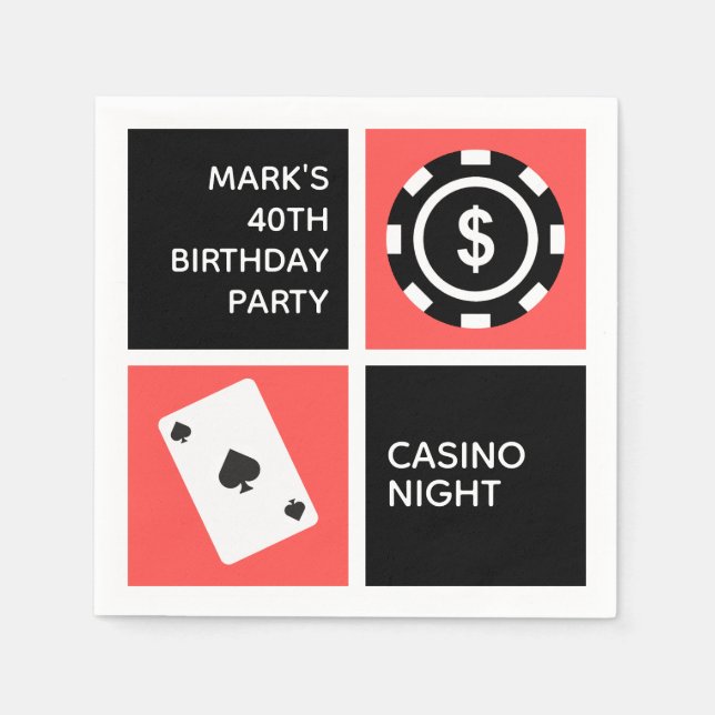 Red Black Casino Themed 40th Birthday Party Napkin (Front)