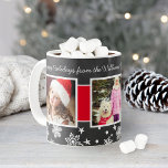 Red Black Chalkboard Three Photo Collage Christmas Coffee Mug<br><div class="desc">Personalize this Christmas coffee mug with custom text and three (3) holiday photos.  Design features a handwritten script font,  vibrant red ribbon stripe,  and white snowflakes. Soft black background has a rustic textured chalkboard appearance.</div>