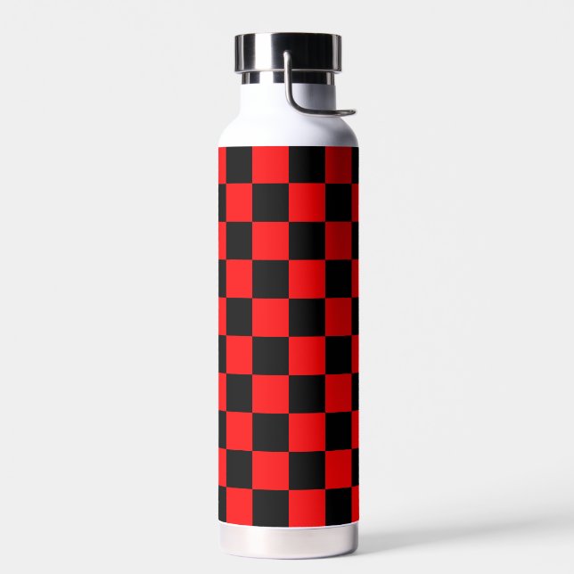 Red Black Chequered Check Pattern Water Bottle (Left)