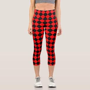 Red Black Chequered Diamond Pattern Capri Leggings