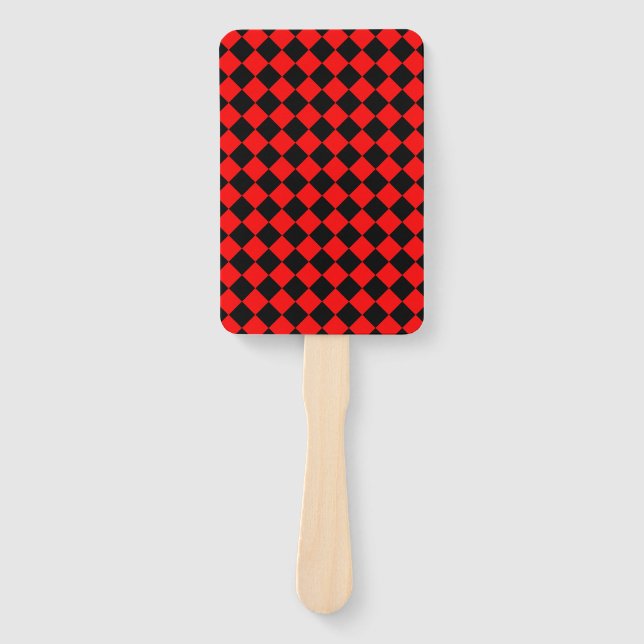 Red Black Chequered Diamond Pattern Hand Fan (Front)