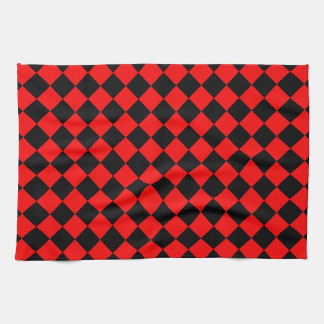 Red Black Chequered Diamond Pattern  Kitchen Towel (Horizontal)