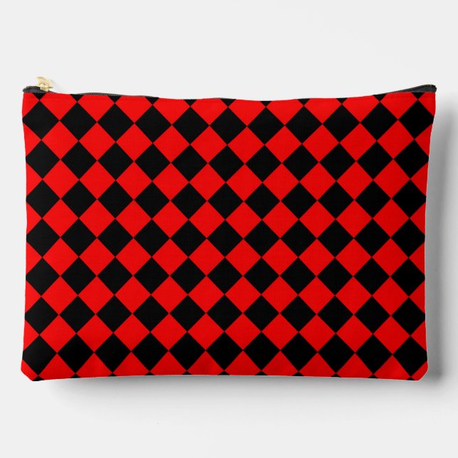 Red Black Chequered Diamond Pattern Large Accessory Pouch (Front)