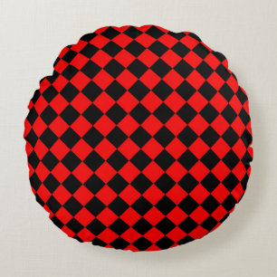 Red Black Chequered Diamond Pattern  Round Pillow
