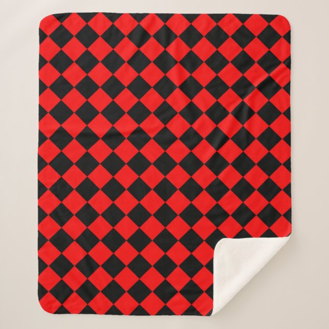 Red Black Chequered Diamond Pattern  Sherpa Blanket (Front)