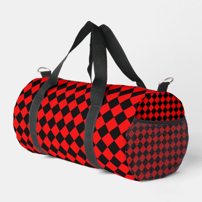 Red Black Chequered Diamond Pattern Small Duffle Bag (Right Corner)