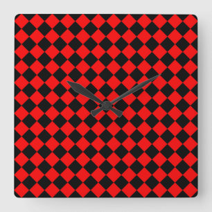 Red Black Chequered Diamond Pattern Square Wall Clock