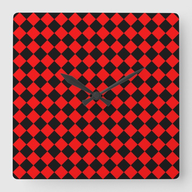 Red Black Chequered Diamond Pattern Square Wall Clock (Front)
