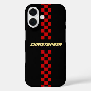 Red Black Chequered Racing Flag Gold Monogrammed iPhone 16 Case