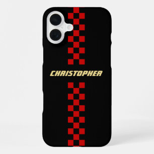 Red Black Chequered Racing Flag Gold Monogrammed iPhone 16 Plus Case